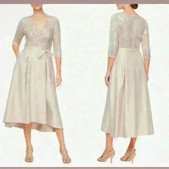 Alex Evenings Dresses & Skirts - Alex Evenings Size 14 Sequin Bodice & Satin Midi Dress in Taupe NWT